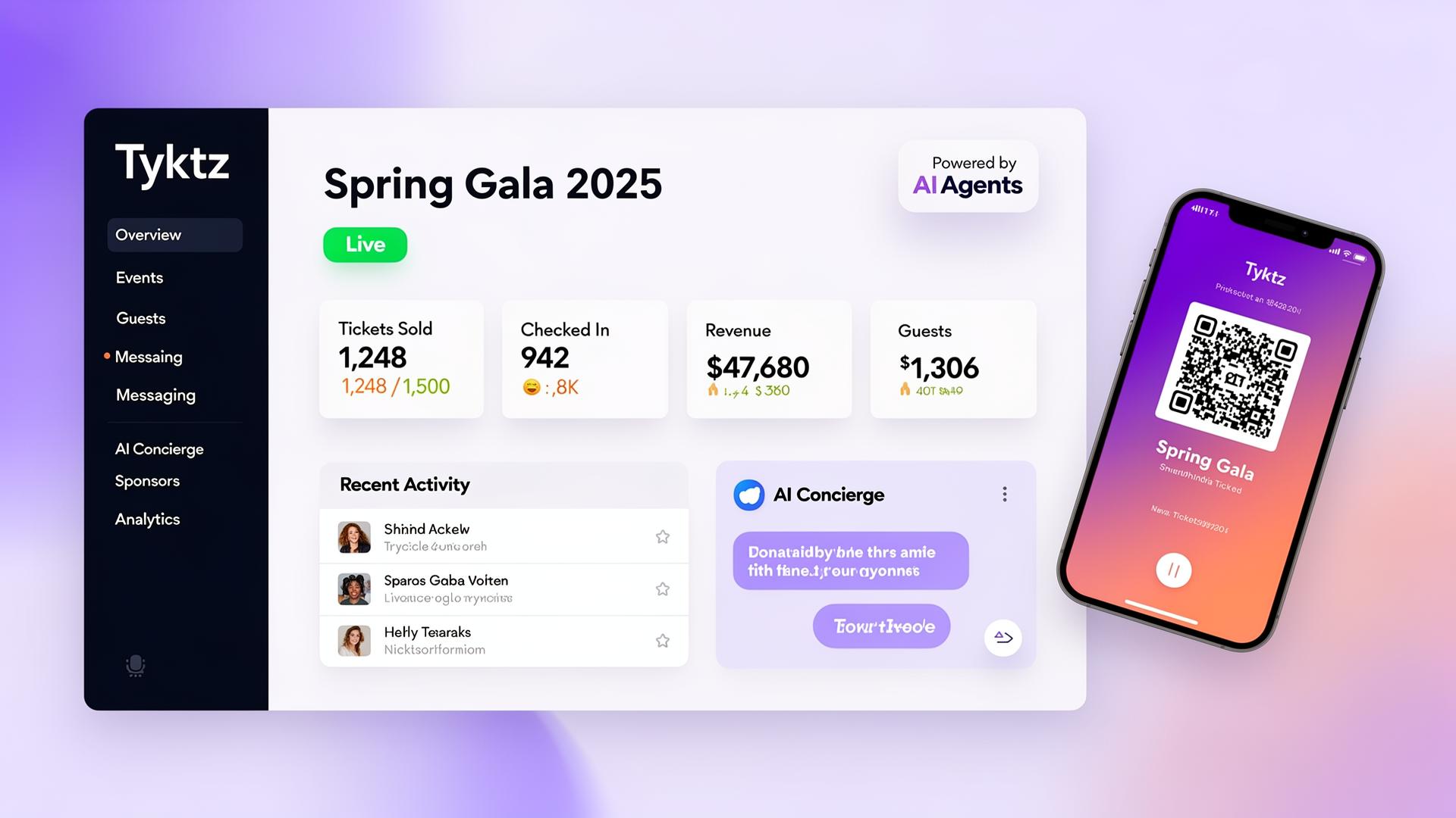 Tyktz dashboard showing live event metrics, AI concierge chat, and a mobile event pass